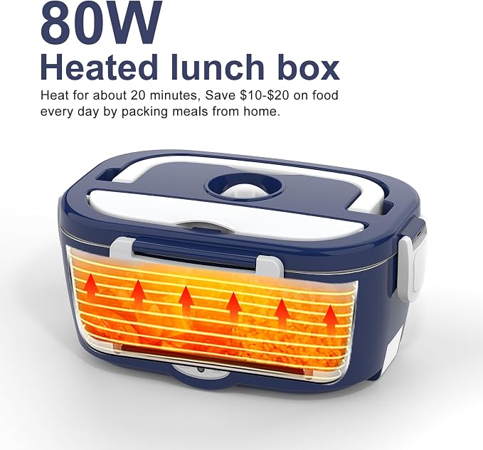 WisaKey Electric Lunch Box for Men/Women 80W Heated Lunch Box for Adults, 12V 24V 110V 220V Portable Food Warmer LunchBox Lonchera Eléctrica Portátil Gifts Fathers Day for Dad Husband Men