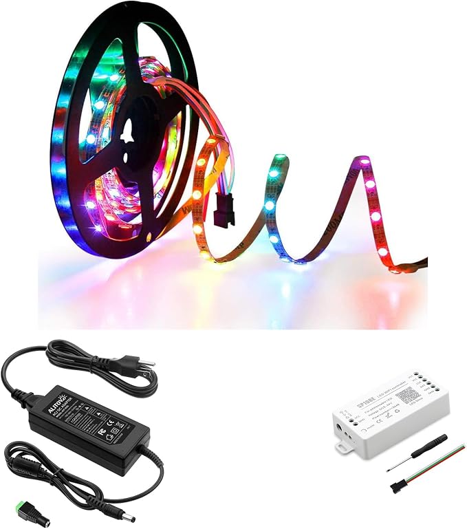 ALITOVE WS2812B LED Strip, 5mm Width Super Narrow RGB Addressable LED Light Strip 6.6ft 120 LEDs & SP108E LED WiFi Controller & 5V 5A Power Adapter