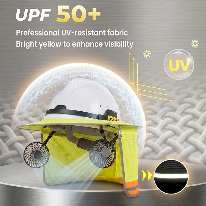 Hard Hat Sun Shade with Rechargeable Fan, Full Brim Visor Cooling Kit with Detachable Neck Fan for Construction Worker Men Women Outdoor Safety Helmet Accessories (No Lights)