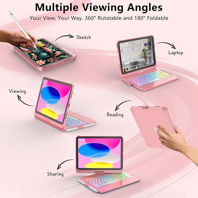 Touch Keyboard Case for iPad A16 11th Generation 2025/10th Generation 10.9 inch 2022,360° Rotatable for iPad 10th Generation Case with Keyboard- 10 Color Backlight Keyboard Case with Pencil Holder