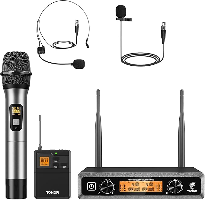 TONOR Wireless Microphones System with Metal 1 Cordless Mic and 1 Headset/Lapel/Lavalier Mic, Bodypack Transmitter, Receiver for Karaoke Church Singing Party PA Speaker, 2*15 Channels 60 m/200ft Range