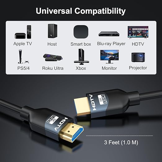 8K HDMI 2.1 Cables 3 FT, 20-Pack, High Speed HDMI ARC/eARC Cable 48Gbps, 8K@60Hz, 4K@144Hz, 1080P@240Hz-HDCP 2.2,3D/HDR for Soundbar, PS5/4, Xbox, Roku, Cinema, TV, Computer, Monitor & More