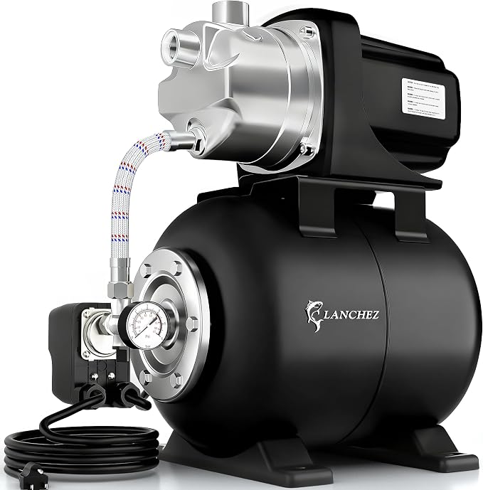 LANCHEZ Shallow Well Pump, Stainless Steel Garden Irrigation Pump, 115V Water Transfer Pump, Water Booster Jet Pump for Home Garden Lawn Farm, Glossy black