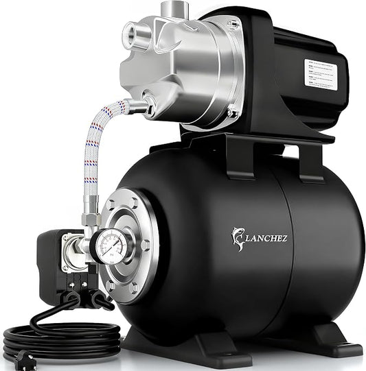 LANCHEZ Shallow Well Pump, Stainless Steel Garden Irrigation Pump, 115V Water Transfer Pump, Water Booster Jet Pump for Home Garden Lawn Farm, Glossy black