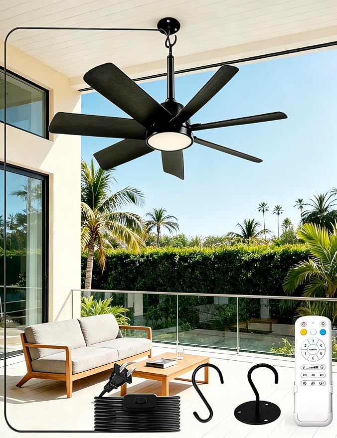 28 Inch Plug-In Outdoor Ceiling Fan with Lights and Remote, LED Gazebo Hanging Fan with Hook, 3CCT 3000K-6500K Dimmable Gazebo Fan, 6-Speed Quiet Ceiling Fan with Timer for Patio, Porch, Garage, Black