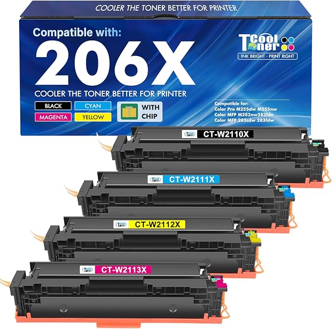 206X Toner Cartridges 4 Pack High Yield M283fdw M283cdw M255dw Compatible for HP 206X 206A 206 Color LaserJet Pro MFP M283fdn M255nw M282nw M283 M255 M282 W2110X W2110A Printer Ink (with Chip)