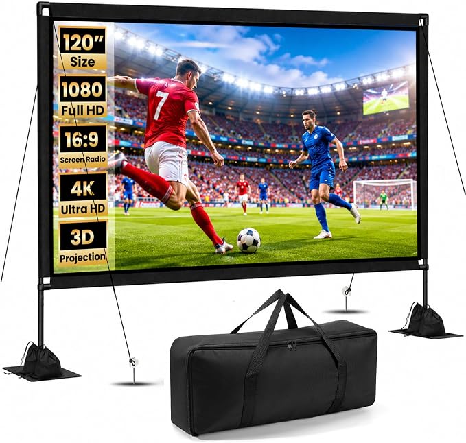120 inch Projector Screen with Stand, 16:9 4K HD Portable Outdoor Indoor Movie Screen, Lightweight Projection Screen with Carry Bag & Sandbag for Backyard, Home Theater, Camping
