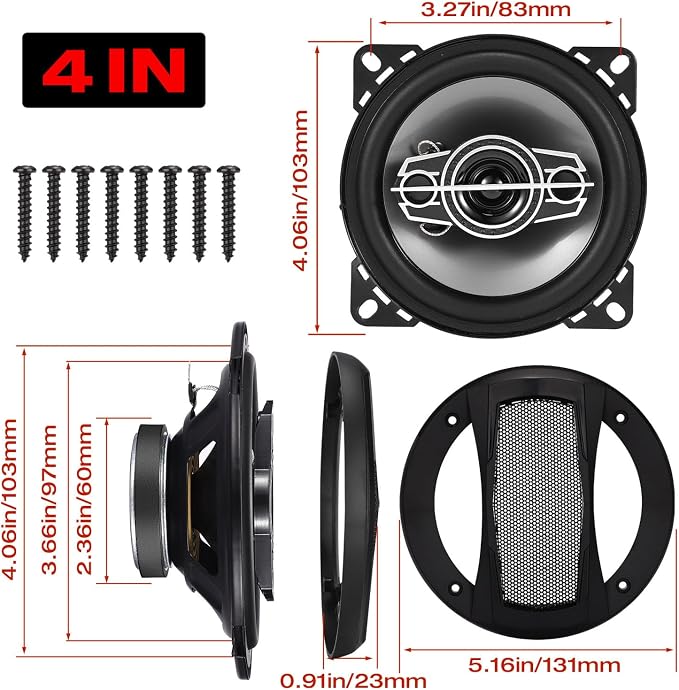 4" 4-Way Coaxial Car Audio Speakers, 220W Max, 4 Ohm, W/PEI Dome Tweeters, Compact for Front or Rear Doors (Pair)