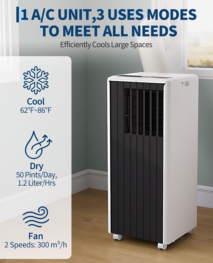 8,000 BTU Portable Air Conditioners | Cools up to 350 Sq. Ft., LED Touch Panel with Remote Control, Built-in Dehumidifier, Fan, Compact Indoor Quiet AC Unit