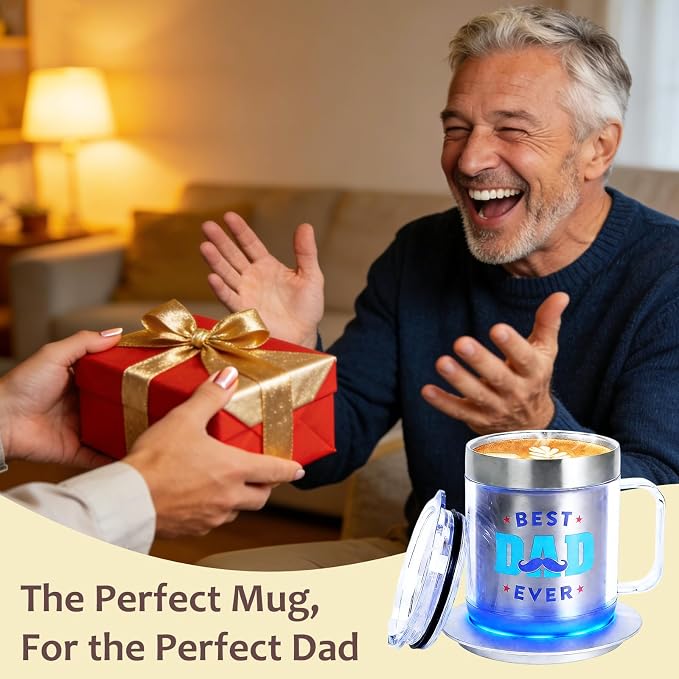 Birthday Gifts for Dad, 12oz Funny Heated Coffee Mug for Dad with BEST DAD EVER, Electric Coffee Cup with Warmer Set, Ideal Valentines Father Day Gifts from Wife Daughter Son(Silver DAD-12oz)