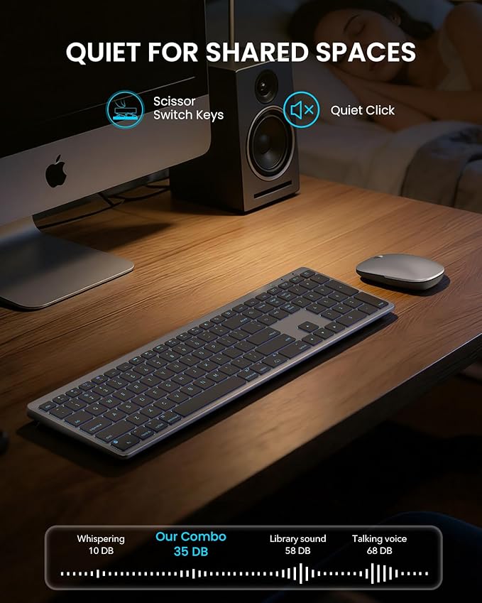 SABLUTE Bluetooth Keyboard and Mouse for Mac — 7-Color Backlit, Multi-Device, Rechargeable, KMA1pro Full-Size Wireless Keyboard Mouse Combo with Quiet Scissor-Switch Keys for Mac (Space Gray)