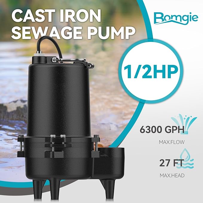 1/2 HP Sewage Pump, Cast Iron Effluent Pump, Automatic Float Switch, Sewage Sump Pump for Sump Basin, Basement, Residential Sewage, 2'' NPT Discharge, Dark Black