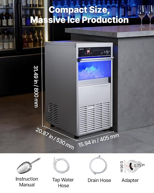 VEVOR Commercial Ice Maker Machine, 100 lbs/24h with 30-35 lbs Storage, Bullet Ice,Built-in/Freestanding/Under Counter, Stainless Steel Ice Maker with LED Display for Home Bar Restaurant