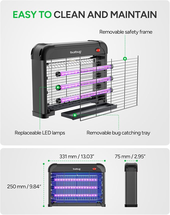 Buzbug LED Bug Zapper Indoor, 10 Years Lifespan 3 Lamps Enhance Insect Attraction, 3800V High-Voltage, Electric Mosquito Zapper, Fruit Fly Mosquito Moth Gnat Zapper, Killer, Trap -MA009 (Matte Black)