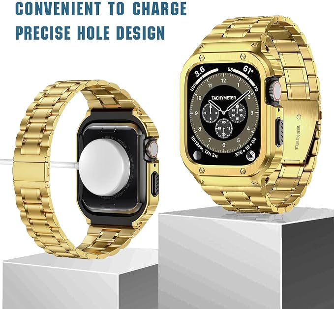 MioHHR Stainless Steel Watch Band with Case Compatible with Apple Watch Series 9/8/7(45mm),Rugged Strap with Metal Protective Bumper Cover for iWatch Band Men(Gold)