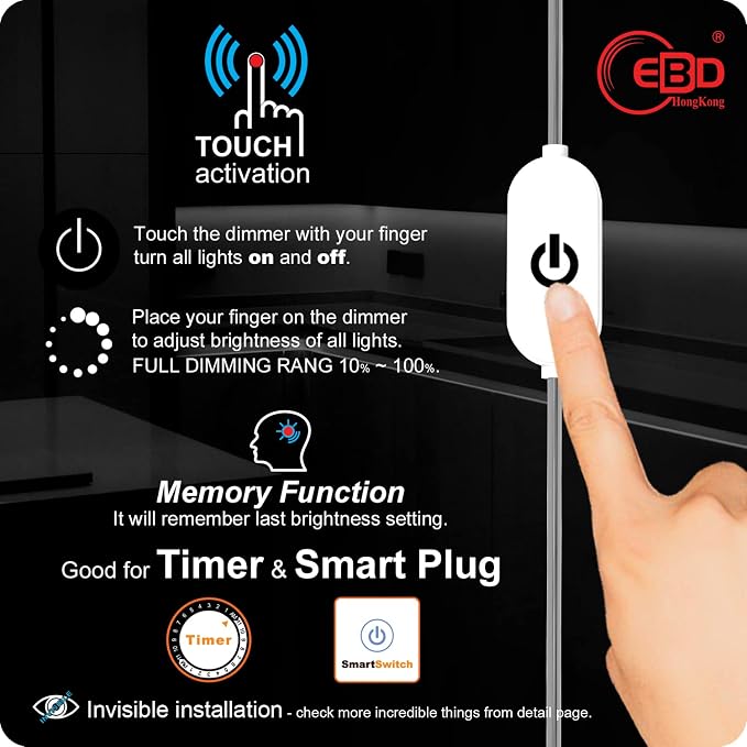EBD Under Cabinet Lights Plug in 6 Pcs 12 Inch, Dimmable No Messy Wires Built-in Adjustable Cable Counter Lighting, 3000K 2700LM, 1 Pcs Extension Cables for Kitchen Home Office, Memory for Smart Plug.