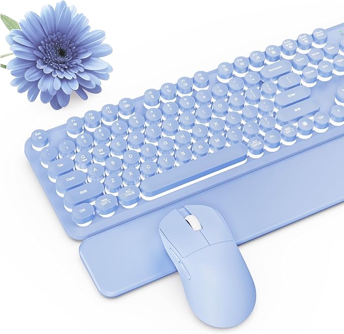 Wireless Keyboard and Mouse Combo, Backlit Round Keycaps, Retro Typewriter Keyboard with Detachable Wrist Rest, Rechargeable & Tilt Legs, 2.4GHz Cordless Connection for Windows/PC (Glowing Purple)