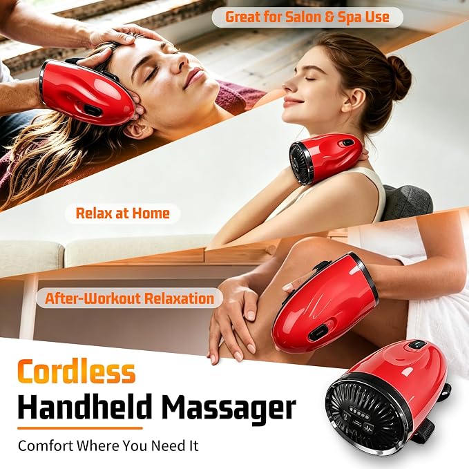 Professional Barber Handheld Massager, Cordless Vibration Massage Tool with 5 Speeds & 5 Modes, Wearable Palm Strap Design for Neck, Shoulders, Arms, Legs, 2600mAh Type-C Rechargeable, Red