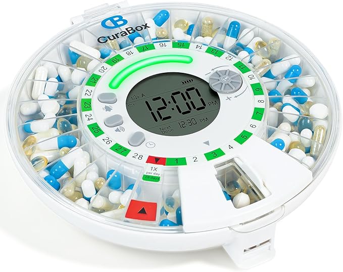 28-Day Automatic Pill Dispenser with Alarm & Light Alerts, Clear LCD Display, Key Lock, Smart Medication Organizer for Seniors, Alzheimer’s Care, for Multiple Vitamins, Supplements or Prescriptions