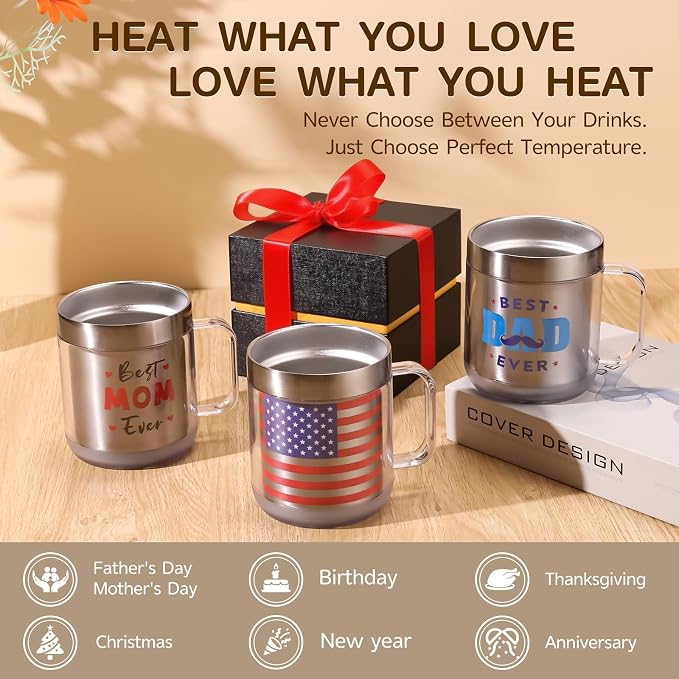Dad Birthday Gifts, 12oz Heated Coffee Mug with BEST DAD EVER Design, USB Electric Temperature Control Cup, Fathers Day Gift from Wife Daughter Son(Silver DAD-12oz)