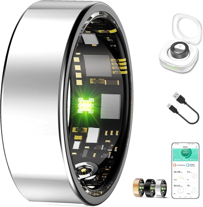 Smart Ring for Women & Men,Fitness Tracker with Heart Rate,Blood Oxygen,Blood Pressure,Sleep Monitoring, Step Counting,IP68 Waterproof,Silver 7# for iPhone and Android,No Subscription