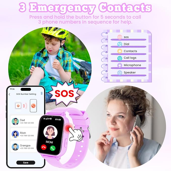 4G Kids Smart Watch GPS Tracker, Smartwatch for Kid with Video Calling, Voice Chat, Class Mode, SOS , Pedometer, Alarm, SIM Card HD Touch Screen Phone Watch Gift for 4-12 Girls Boys (Light Purple)
