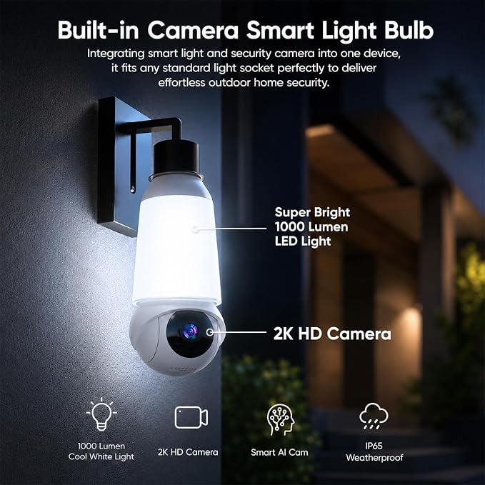 Light Bulb Security Camera, Smart AI Cam 2K HD Outdoor Lightbulb Camera, 5G&2.4G WiFi PTZ Camera, 1000-Lumen LED, Color Night Vision, 911 Emergency Calling, Motion Dection (2Pack)