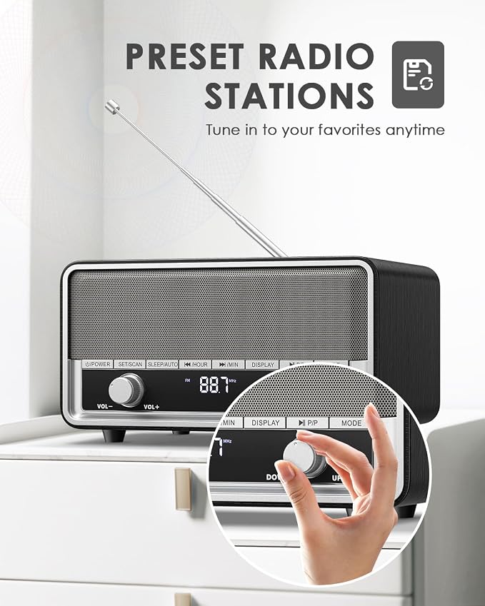 Vintage Wood AM FM Radio with Bluetooth, Retro Bluetooth Speaker Radio with LCD Display | 40 Presets | Sleep Timer | No Alarm for Office,Home, Kitchen (Space Black)