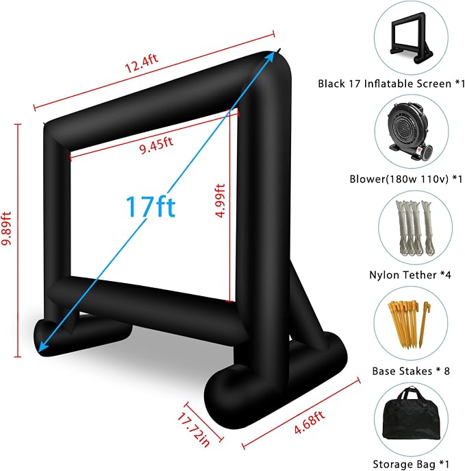Inlftable Movie Screen 17FT Inflatable Projector Screen Outdoor, Blow up Movie Screen with Air Blower Storage Bag, One-Piece Front & Rear Projection Screen for Outdoor Backyard Movie Night Pool Party