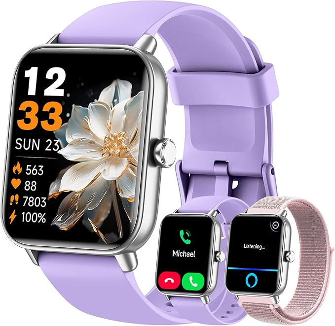 Hingso Smart Watches for Women, 1.85" Fitness Tracker for Android & iPhone | Bluetooth Call & Text Alert, Alexa Built-in, 24/7 Heart Rate/SpO2/Sleep/Cycles Monitor, 120+ Sports, IP68 Waterproof, 2 Bands