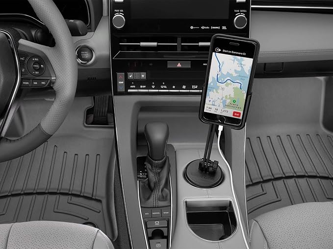 WeatherTech CupFone Two View with Extension – Adjustable, Universal Cup Holder Cell Phone Mount Car & Truck Accessory – Best Design for iPhone & Smartphone Charging – Black Plastic Knobs
