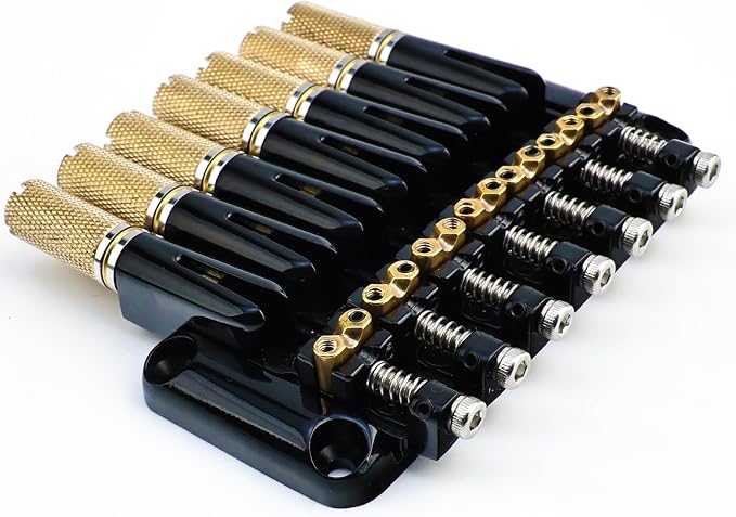Headless 7-String Guitar Bridge 10.5mm Fixed Bridge -Brass Saddles Zinc Alloy Plate, Stable Intonation，Easy Installation/Adjustment, Fits Most 7-String Headless Guitars （Gold Tailpiece Nut）