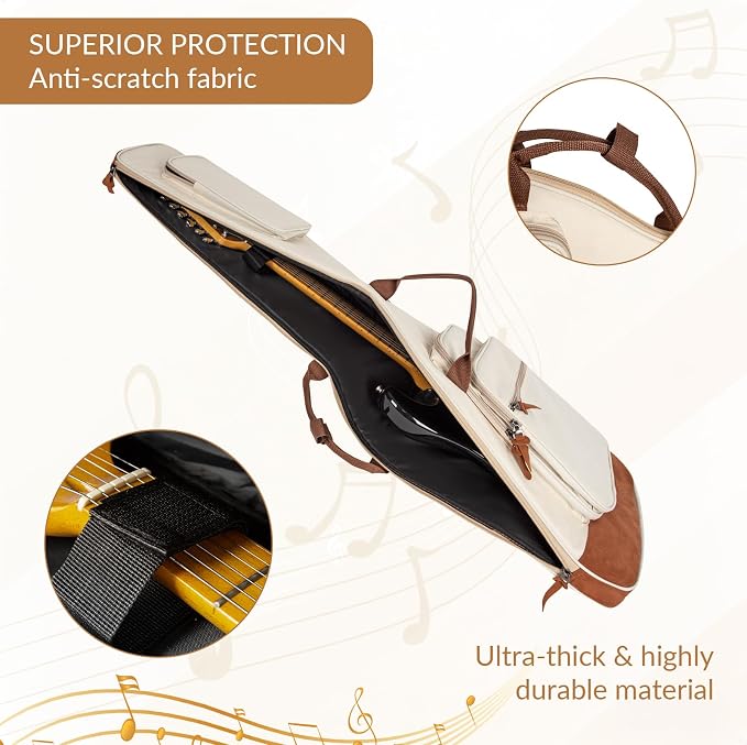 Electric Guitar Bag 0.5 Inch Padding Electric Guitar Case, Electric Guitar Gig Bag Backpack with Neck Strap and 4 Pockets, White