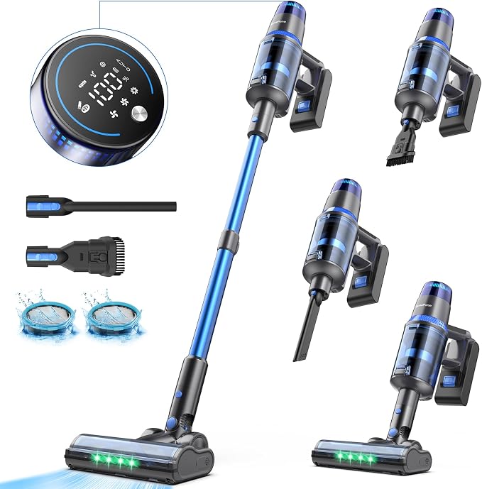 V25 Cordless Vacuum Cleaner, 680W 60Kpa Powerful Stick Vacuum with Dust Sensor, Digital Display, 4000mAh Rechargeable Battery up to 60Mins, Versatile for Pet Hair, Floor, Carpet (Navy)