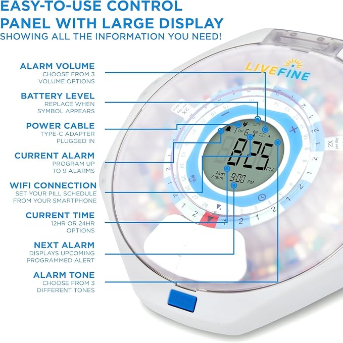 LiveFine WiFi Automatic Pill Dispenser and Remote Medication Monitoring System with Locking Key, 28-Day Medication Organizer Up To 9 Doses Per, Adjustable Light/Sound Alarms For Prescriptions & Vitami