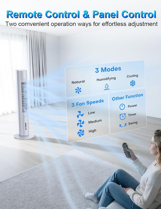 Windowless Portable Air Conditioners, 35" Evaporative Air Cooler w/3 Speeds&3 Modes, 25ft Remote&Smart Timer, 120°Oscillating Portable AC Unit, Swamp Cooler Air Conditioner for Bedroom Indoor
