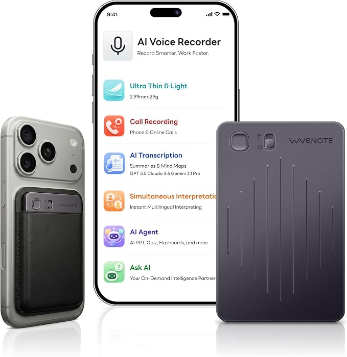 WaveNote AI Voice Recorder, Transcribe & Summarize Recorder, 42 Hours Continuous Recording, Support 112 Languages, 64GB AI Recorder for Meetings, Lectures, Calls,Multi-Speaker Voice Recognition
