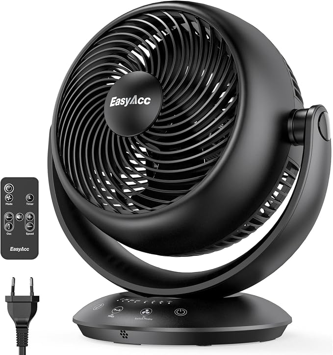EasyAcc 12 Inch Quiet Fans for Bedroom, Air Circulator Desk Fan with Remote, 3D Auto Oscillating Table Fan for Whole Room, 65ft Powerful Airflow, 90° Vertical+90°, 12H Timer, 25dB Bedside Fan, Home