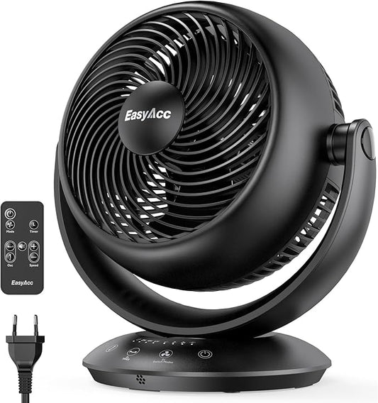 EasyAcc Ultra Quiet Fans for Bedroom 25dB, 3D Auto Air Circulator Desk Fan with Remote, 90° Vertical+90° Oscillating Fan, Powerful Airflow, 12H Timer, 12 Inch Table Fan for Desk Bedroom Office Home
