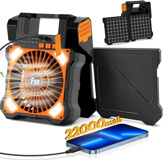 22000mAh Camping Solar Fan, Dual-Panel Rechargeable Solar Powered Fan with LED Light, 5 Adjustable Speeds Battery Powered Portable Fans, USB-C Fans for Travel Tent Home Camping Accessories