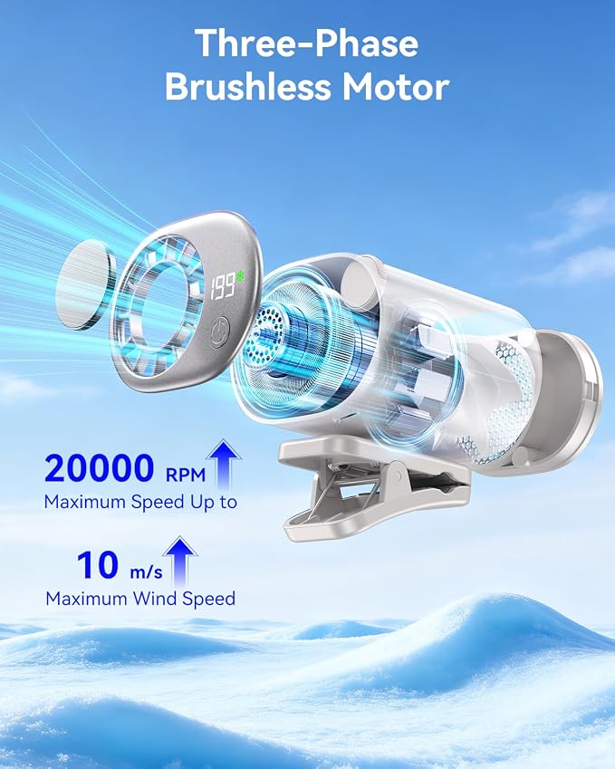 Clip-On Portable Fan with Ice Cooling, 20000 RPM Rechargeable Handheld Turbo Fan, 360° Rotating Detachable Clip, Mini Stroller Fan for Baby, Compact Travel Essentials, Summer Gifts for Women,White