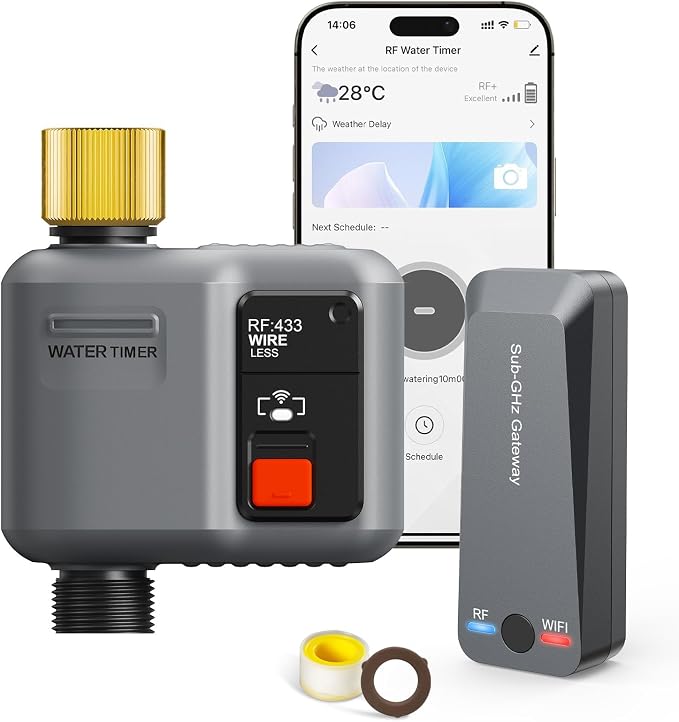 WiFi Water Timer for Garden Hose, WiFi Sprinkler Controller with 984ft RF Range, Strong Wall Penetration, Alexa & Google Voice/App Control WiFi Hose Timer with Rain Delay, Manual Mode