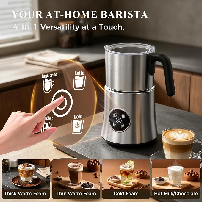 Milk Frother and Steamer, Electric Frother for Latte, Cappuccino | 30oz Detachable Stainless Steel Jug, 4-in-1 Automatic Hot and Cold Foam Maker