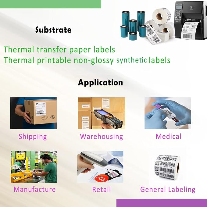12 Rolls 2.52'' x 1476' Premium Resin Enhanced Wax Ribbon, 64mm x 450m Black Thermal Transfer Ribbon, Barcode Thermal Label Printer Ribbon, CSO-Ink Outside, 1'' Core for Zebra, TSC, GoDex, Citizen