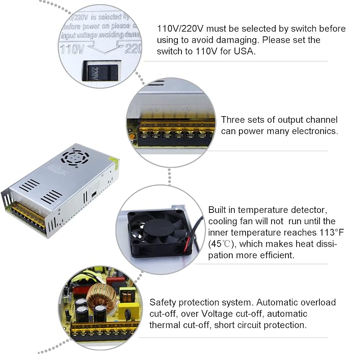 ALITOVE AC 110V/220V to DC 12V 30A 360W Universal Regulated Switching Power Supply Transformer Adapter LED Driver for LED Strip, CCTV Camera System, Radio
