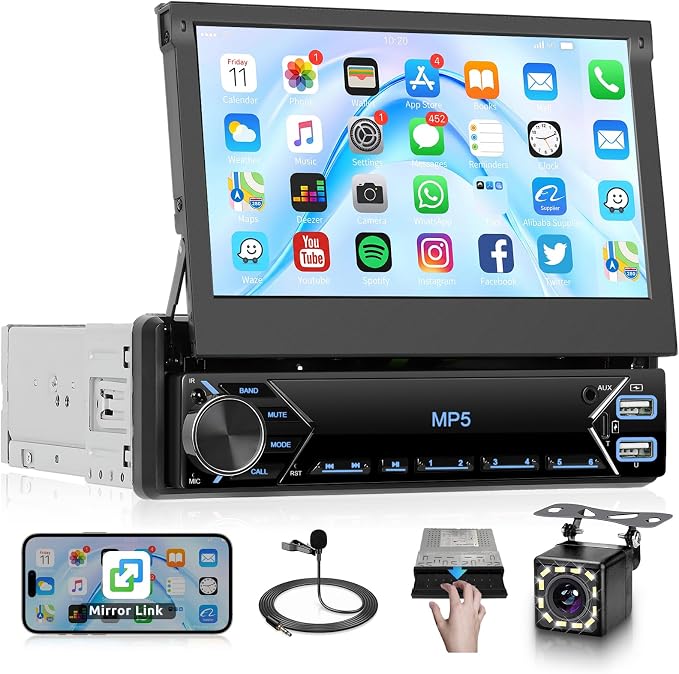 7 Inch Flip Out Touchscreen Car Stereo-Single DIN with Bluetooth 5.0, Mirror Link, Backup Camera & Type-C Fast Charging | Compatible with Most Vehicles