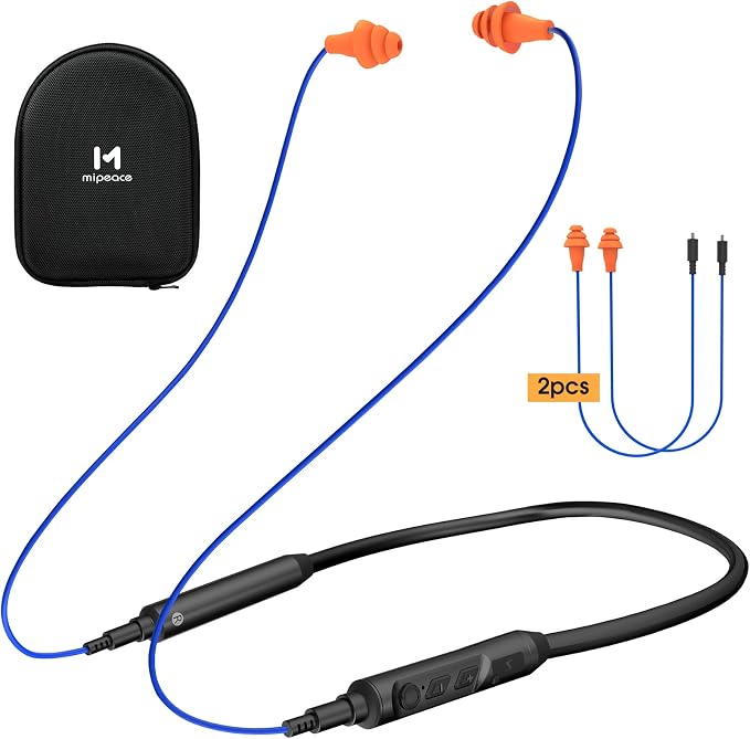 MIPEACE Bluetooth Earplug Headphones, Neckband Ear Protection Work earbuds-29db Noise Reduction Safety Headphones with Replacement Buds,19+Hour Battery for Lawn Mowing DIY (Orange)