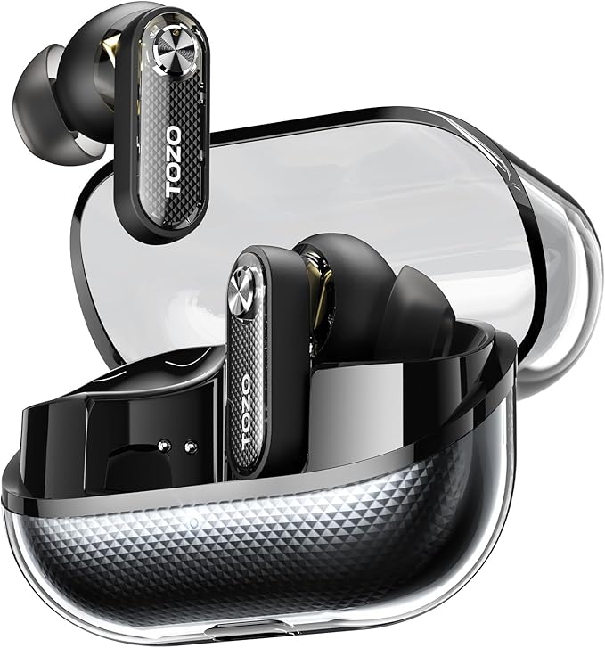 TOZO Crystal Pods Hybrid Active Noise Cancelling Wireless Earbuds, 10mm Drivers Deep Bass, 4 Mics Smart ENC AI Calls, Real-Time AI Translation, 32 EQ via App, Bluetooth 5.4, Crystal Design