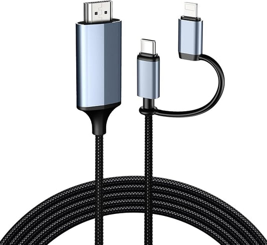 2-in-1 Lightning & Type C to HDMI Cable [13.2FT], HDMI Cable for iPhone, Dual Interface for All iPhones (16/15/14/Pro/Max) & iPad Pro/Air, Sync Video and Sound (Not for Laptops or Android phones)