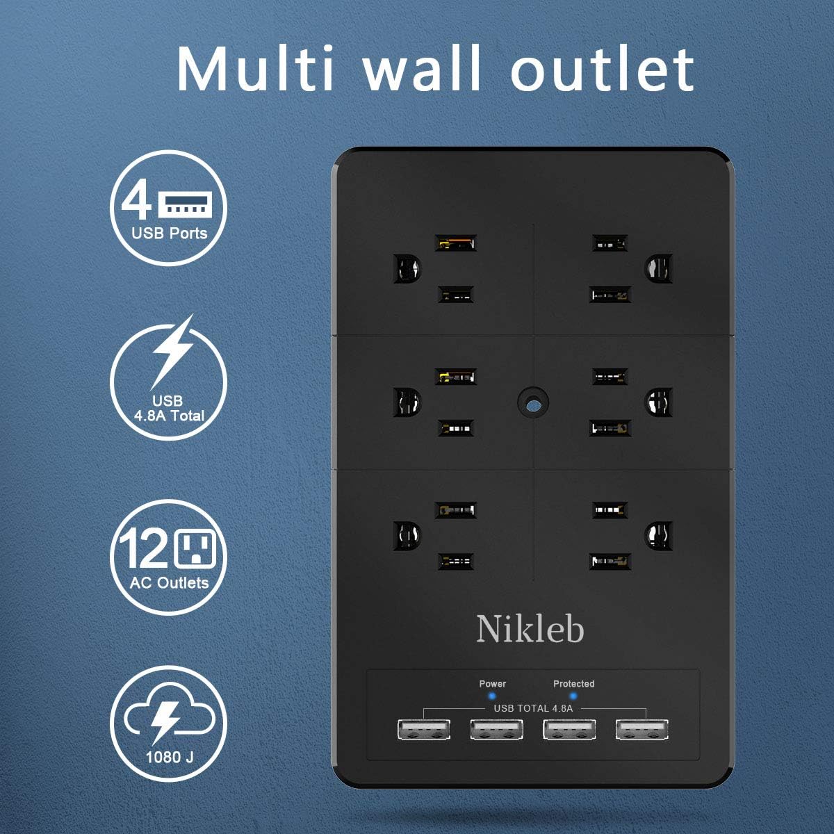 Surge Protector Nikleb, Wall Outlet with 4 USB Ports 5V 4.8A Total, 12 Multi Outlet Extender, Multiple USB Plug Adapter Wall Mount, Phone Chargier Organizer with Phone Holder, Heavy Duty